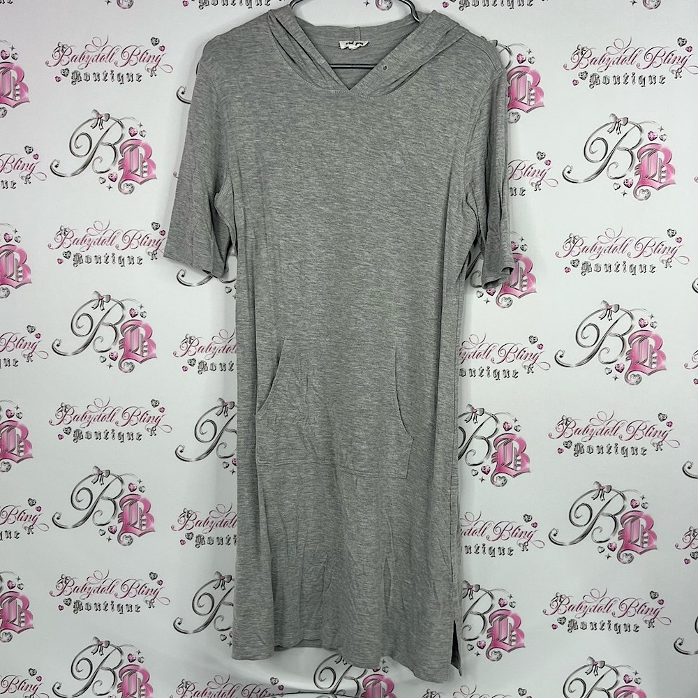 Tribal dress grey hoodie style kangaroo pocket front Hooded Midi Dress